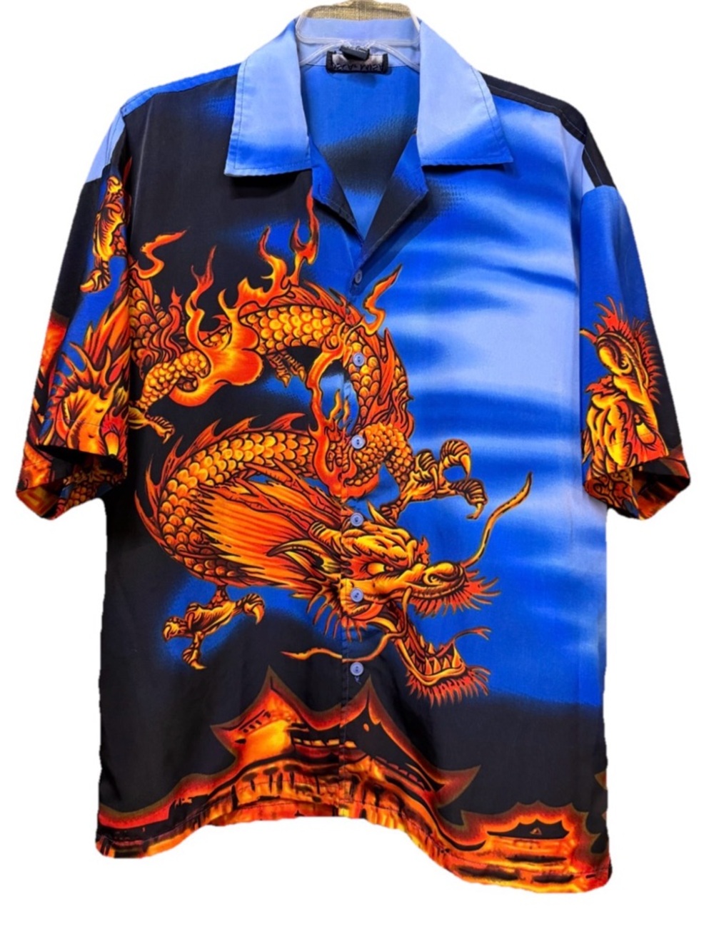VTG Y2K Oscar Misa Fire Dragon Graphic Button Up Shirt Medium